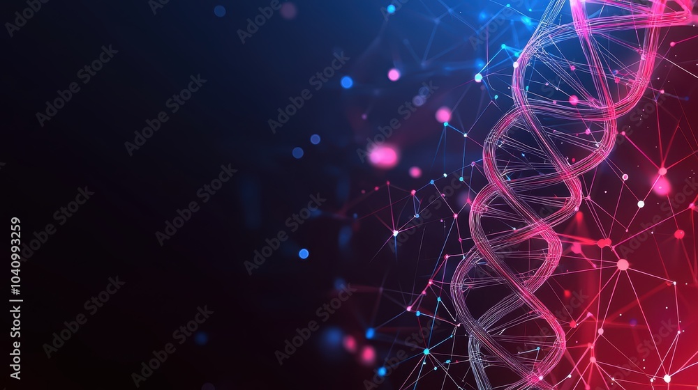 Poster this image showcases a vibrant, digital representation of a dna double helix with glowing molecular 