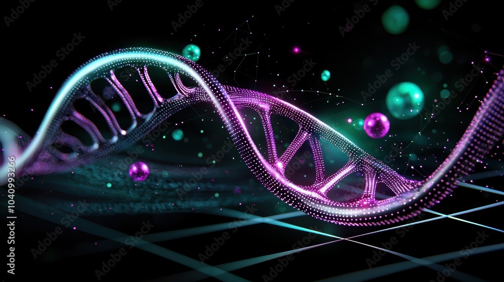 Poster a vibrant, abstract representation of a dna double helix with colorful particles, showcasing molecul