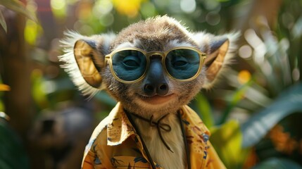 A cute animal wearing sunglasses and a yellow shirt