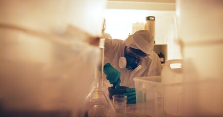 Drugs, person and gas mask in lab for production of illegal substances, narcotics and crystal meth....