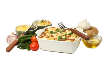 Concept of tasty and delicious homemade food - potato casserole, isolated on white background
