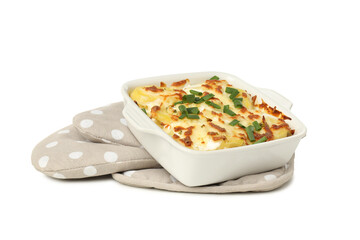 Concept of tasty and delicious homemade food - potato casserole, isolated on white background