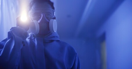 Man, flashlight or forensic search of crime scene in UV for DNA evidence, liquid or virus chemical...