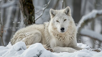 Obraz premium A white wolf is laying in the snow, looking at the camera