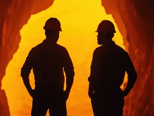 Silhouettes of workers in hard hats against a glowing, fiery background, representing industry and teamwork.