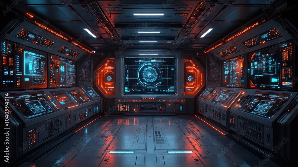 Poster futuristic control room with glowing interfaces and technology.
