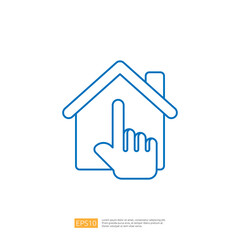 The image features a simple line drawing of a house with a hand pointing at it, suggesting interaction or selection.