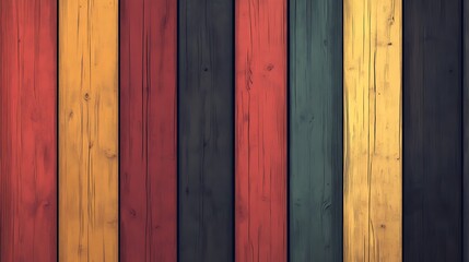 A close-up shot of a colorful wood paneling with a vintage effect. The wood planks are arranged vertically in a repeating pattern of brown, yellow, red, dark gray, and blue.