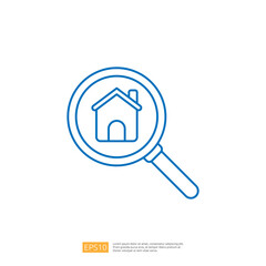 A magnifying glass focusing on a house icon, symbolizing real estate search or home inspection.