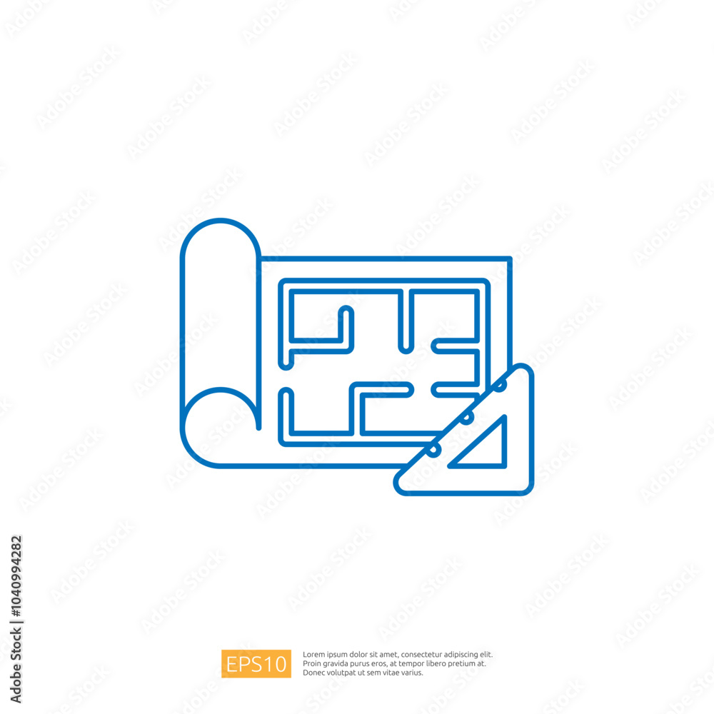 Poster a blueprint illustration featuring a rolled-up plan and a triangular ruler, symbolizing design and a