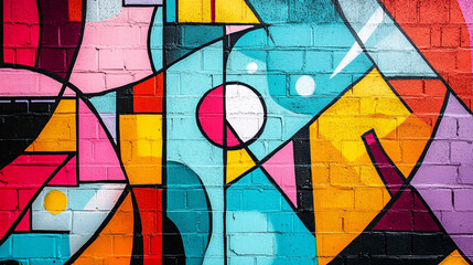 Naklejka premium Vibrant street mural featuring geometric shapes in bright colors on a city wall