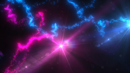 Fototapeta premium Blue and Pink Wavy Light Lines Crossing Turbulence Particles and Lens Flares, Widescreen 4K Resolution