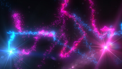 Blue and Pink Wavy Light Lines Crossing Turbulence Particles and Lens Flares, Widescreen 4K Resolution