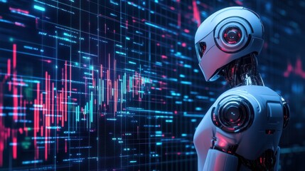 a futuristic AI robot working with business data statistics, business growth or audit data analysis through artificial intelligence technology.