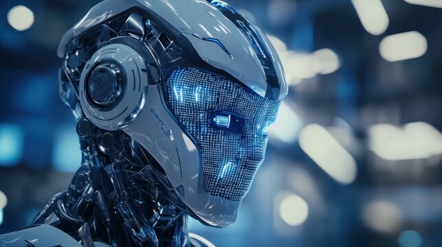 a futuristic AI robot working with business data statistics, business growth or audit data analysis through artificial intelligence technology.