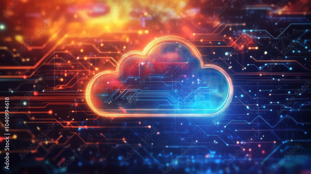 Poster a glowing digital cloud icon hovers above intricate circuitry, symbolizing cloud computing and data 