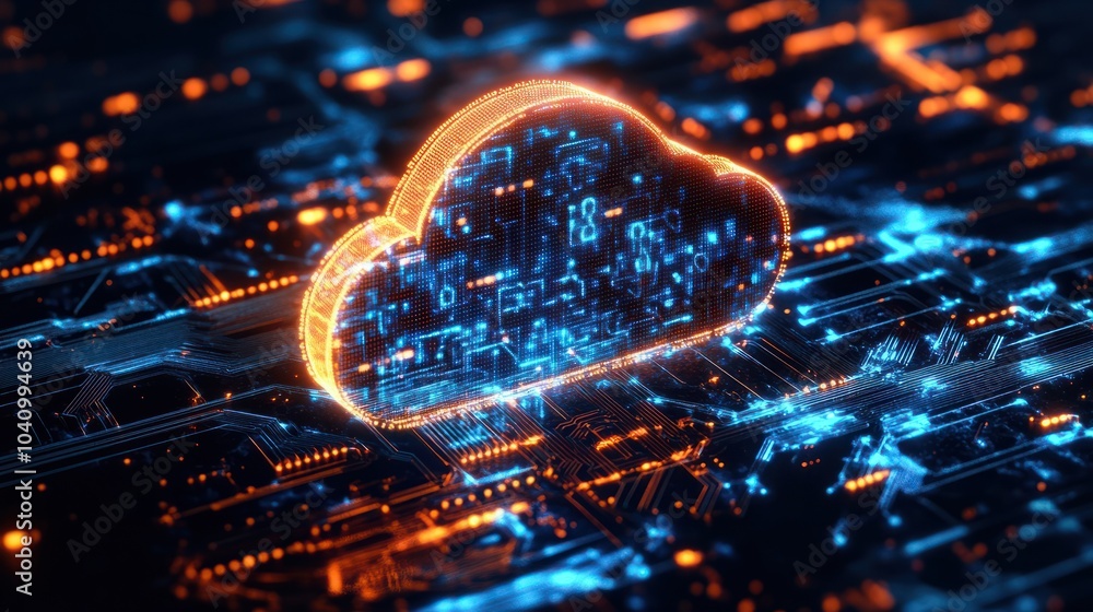 Poster a glowing digital cloud icon hovers above intricate circuitry, symbolizing cloud computing and data 