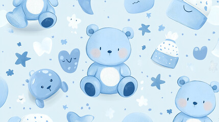Cute blue teddy bear illustrations on a soft blue background with playful patterns and shapes