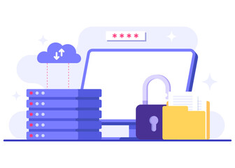 Database protection, Cyber security, Data Center, File management, cloud storage, Privacy data protection flat illustration for landing page, mobile app, poster, flyer, web banner, infographic