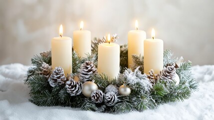 Festive glow, christmas candles and pine cones adorned with sparkling snow