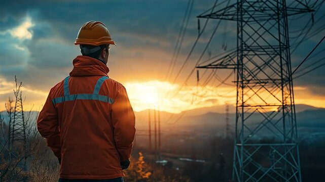 A guy hard-hatted electrical engineer is standing at a high-voltage line.
