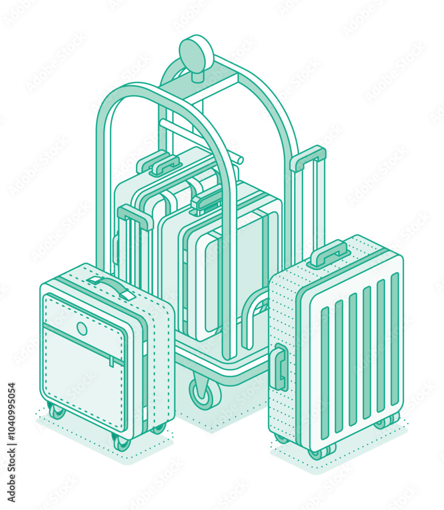 Wall mural isometric trolley cart with luggage and suitcases. hotel equipment. object isolated on white. hotel 