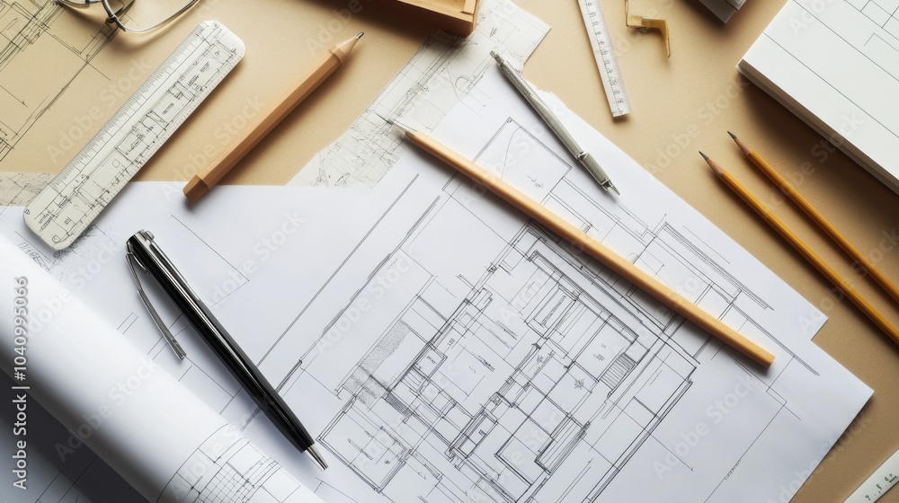 Poster architectural blueprints and tools on a workspace.