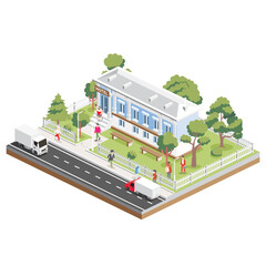 Isometric hotel in classical style with columns. Small hotel building facade. Online hotel booking. White fence with trees and benches. People walking around.