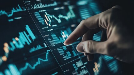 A hand pointing to a financial chart on a dark background, indicating data analysis and financial assessment, Ai Generated