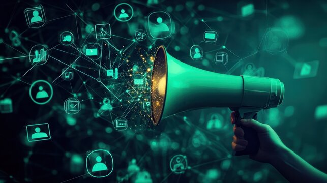 A hand holding a megaphone with glowing social media icons and people symbols on a dark green background, concept of marketing or advertising a social network service. - Powered by Adobe