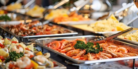 Obraz premium A buffet table with a variety of food, including shrimp, potatoes