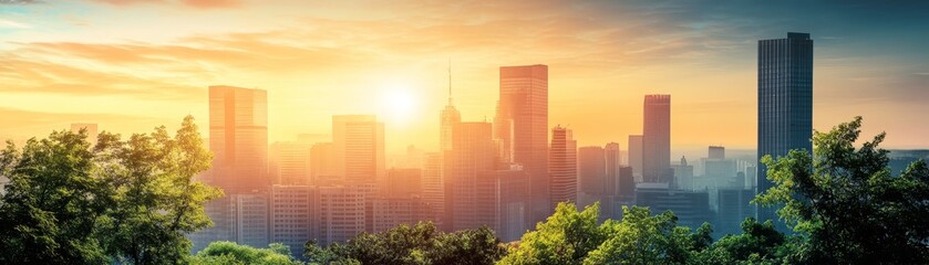 Spectacular city skyline, modern buildings, green trees, and urban harmony modern