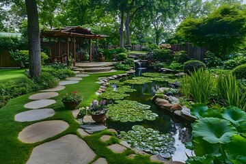 Tranquil Garden Oasis with Lush Greenery and Serene Ambiance