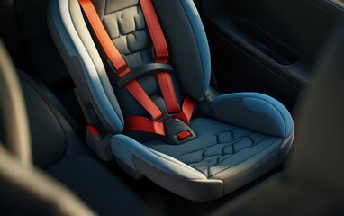 Obraz premium A detailed shot of an empty baby safety seat positioned in a car, emphasizing the safety straps and cushioning