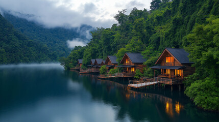 Fototapeta premium A small village on a river island, surrounded by forested hills, mist rising from the water at sunrise, wooden bridges connecting houses