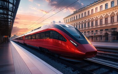 Naklejka premium A picturesque scene of a modern red high-speed train on the railway platform at sunset in Vienna, highlighting the dynamic design of the train and the surrounding buildings