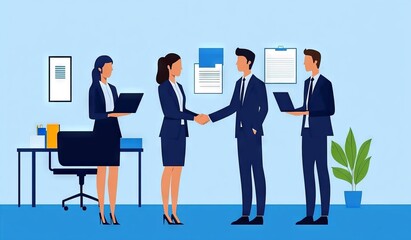 A professional handshake among four business individuals in a modern office.