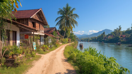 Fototapeta premium Charming river village on a small island, narrow dirt paths, cottages with gardens, calm blue water reflecting the clear sky