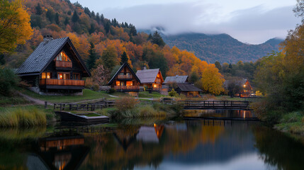 Fototapeta premium Riverside village with cottages and wooden bridges, surrounded by gentle hills, calm water reflecting the landscape