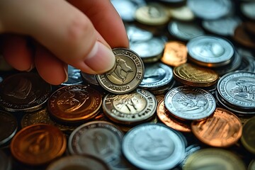 A Hand Selecting Coins from a Pile of Various Currency