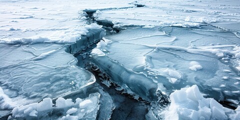 A frozen landscape with a large crack in the ice