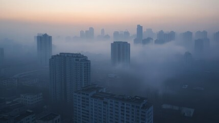 Fototapeta premium Mysterious cityscape shrouded in fog, a captivating view of urban landscape