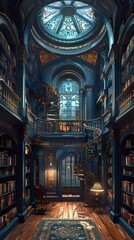 Obraz premium Grand Library Interior with Spiral Staircase and Stained Glass