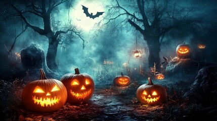 Naklejka premium Haunting Halloween Background Featuring Pumpkins