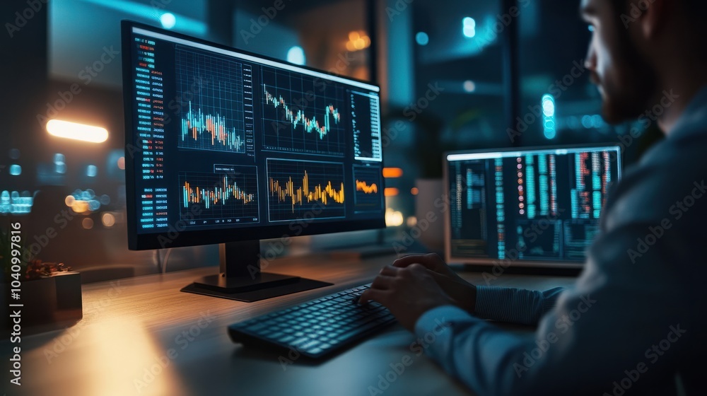 Poster analyst working with business analytics and data management system on computer, make a report with k