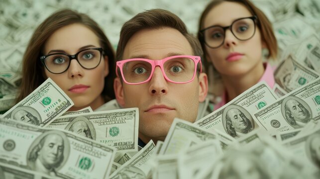 Three people surrounded by cash, expressing feelings of wealth and success.