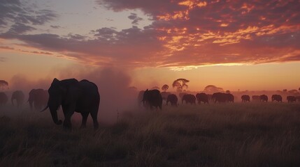 Herd of Elephants Walking Through Sunset Landscape