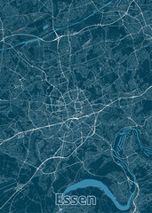 A detailed map of Essen, Germany, rendered in a minimalist style. The map features a dark teal background with white lines representing streets and roads.