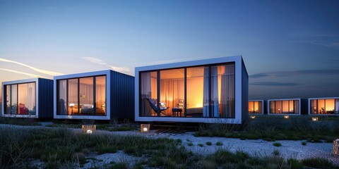 Fototapeta premium A row of small houses with large windows and a grassy field in the background