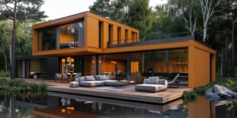 Obraz premium A large house with a pool and a deck